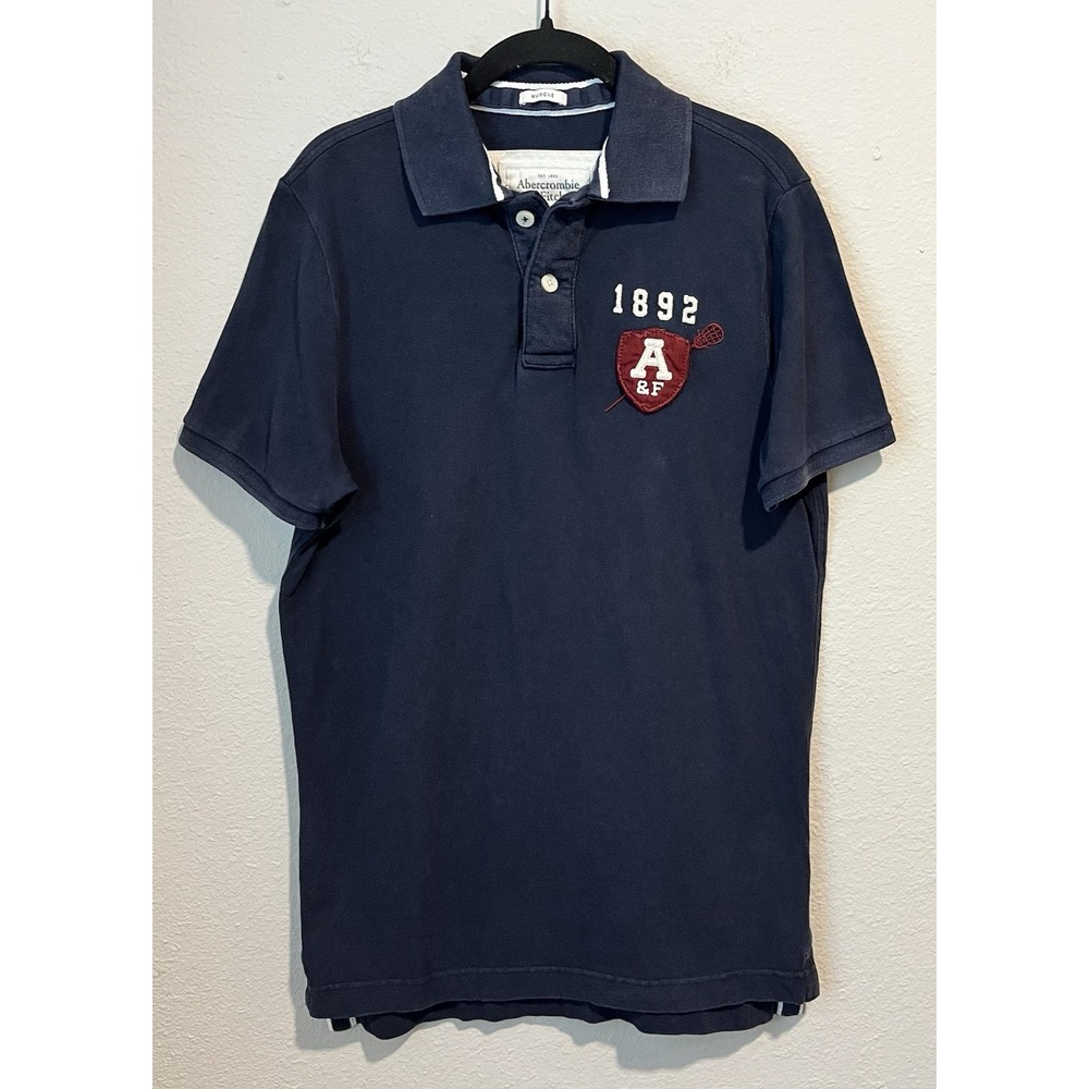 Abercrombie Fitch Muscle Polo Shirt Men's L Blue Distressed Logo Short Sleeve